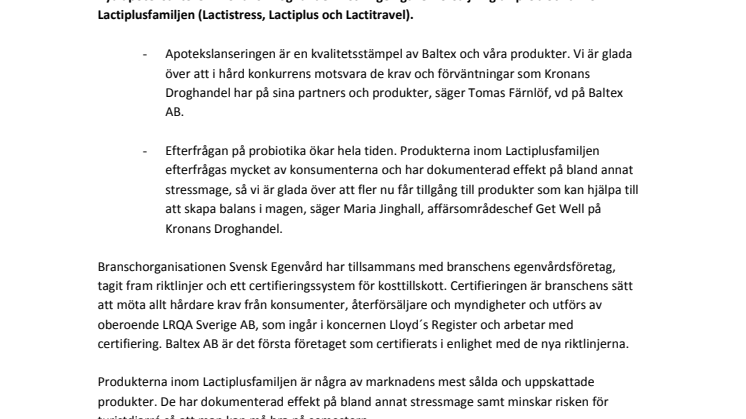 Baltex fördjupar samarbetet med Kronans Droghandel - Lactiplusfamiljen till fler än 200 apotek