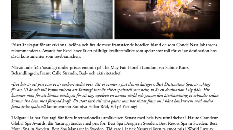 Yasuragi får pris i Condé Nast Johansens Awards for Excellence 2019