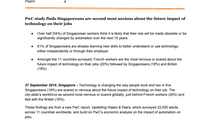 PwC study finds Singaporeans are second most anxious about the future impact of technology on their jobs  