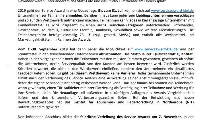 Kieler Service Award würdigt herausragende Servicequalität - Jetzt bewerben!