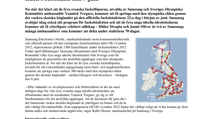 Samsung fortsätter att hylla unga ideella idrottsledare: De fyra utvalda fackellöparna springer med den olympiska elden i Skottland den 9 juni