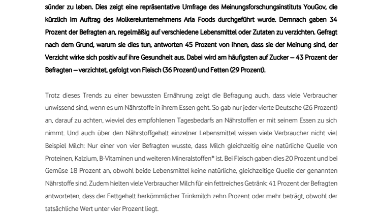 Arla Umfrage: Viele Deutsche essen bewusst, beim Thema Nährstoffe zeigen sich große Wissenslücken