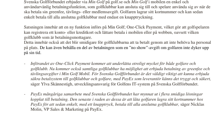 PayEx och Svenska Golfförbundet underlättar för golfaren i utökat samarbete