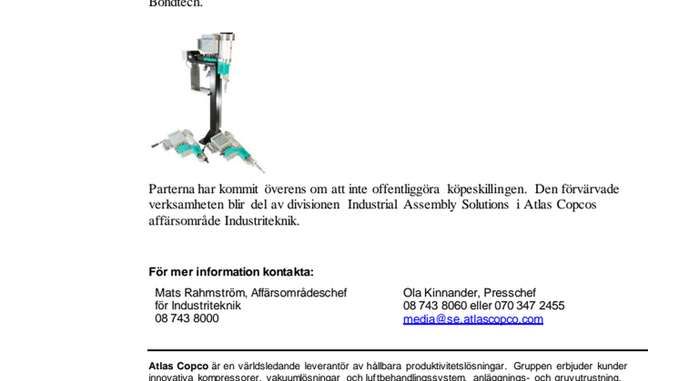 Atlas Copco slutför förvärv av svensk leverantör av appliceringsutrustning för limning och tätning