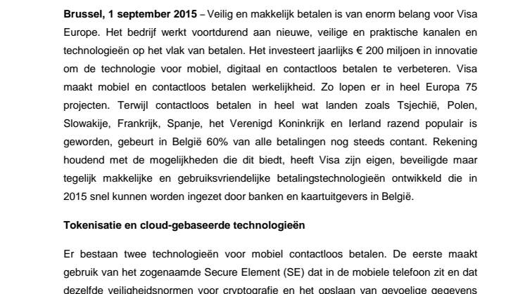Meer mobiele, digitale en contactloze betalingen in België in 2015 dankzij veilige betalingstechnologieën van Visa 