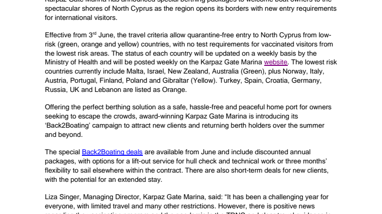 Karpaz Gate Marina Announces ‘Back2Boating’ Packages as North Cyprus Opens its Borders