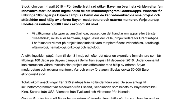   Bayers inkubatorprogram för startups nu öppen för ansökningar