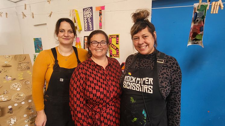 From left to right: Rock Paper Scissors' Chloe Peacock, Clare GIbson from Suffolk Community Foundation and Lulu Horsfield from Rock Paper Scissors. Credit: Rock Paper Scissors