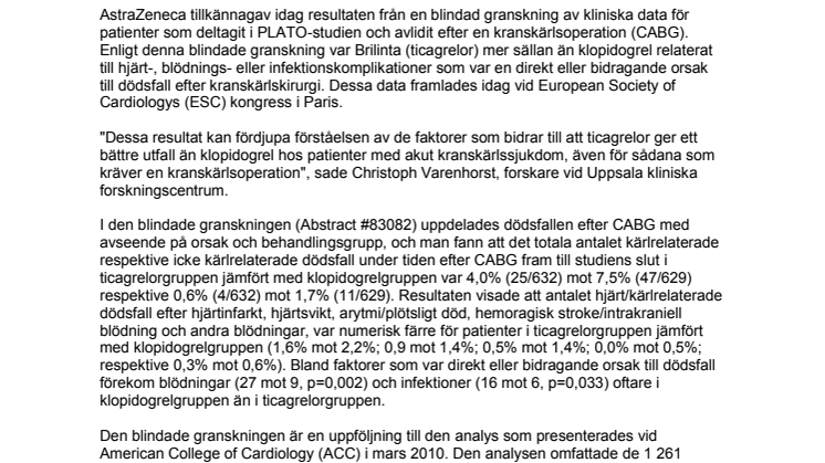 Ny analys: Lägre dödlighet med Brilinta beror på färre komplikationer