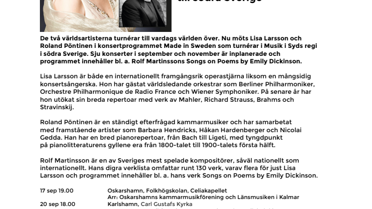 Lisa Larsson och Roland Pöntinen på turné: Två svenska världsartister till södra Sverige