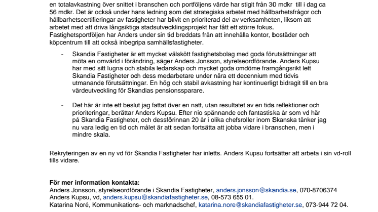 Anders Kupsu slutar som vd i Skandia Fastigheter i maj 2019