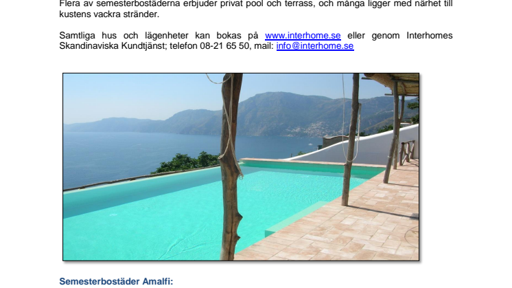 Semesterbostäder på Amalfikusten i Italien lanseras av Interhome