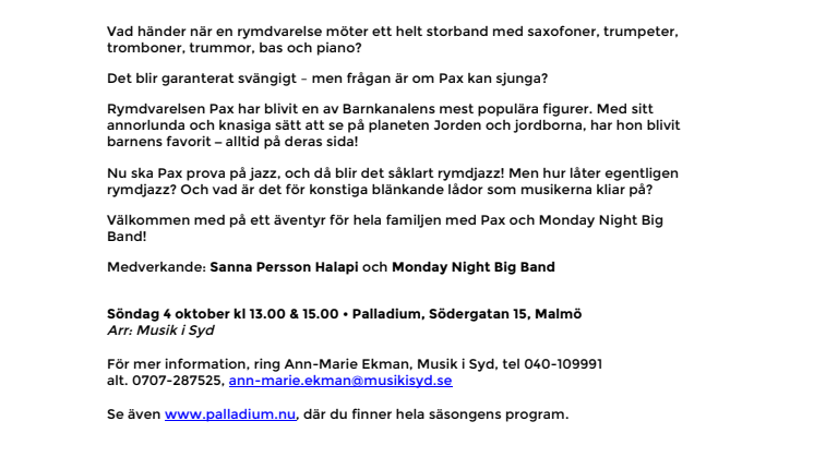 Rymdjazz med Pax och Monday Night Big Band på Palladium 4 oktober