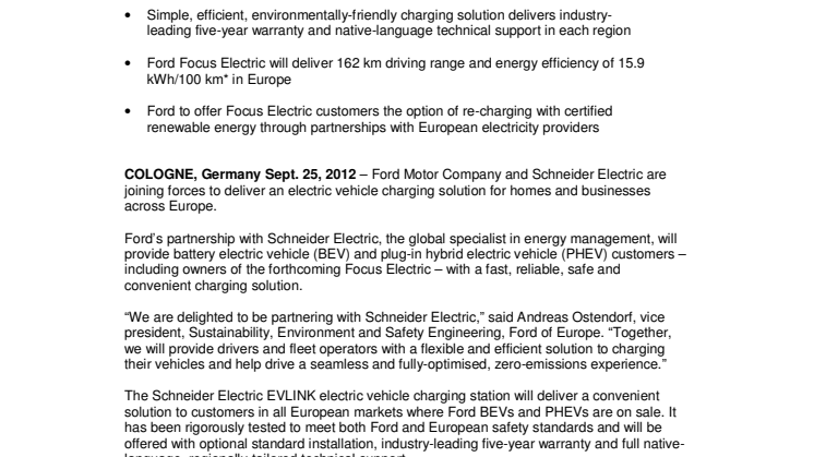 Ford and Schneider Electric Join Forces to Deliver Pan-European Electric Vehicle Charging Solution 