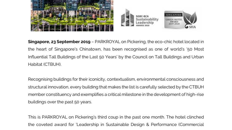 PARKROYAL on Pickering named one of the World’s Most Influential Tall Buildings