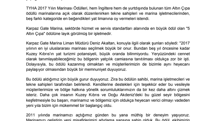 Karpaz Gate Marina, TYHA’nin 2017 Yilin En İyi Uluslararasi Marinasi Ödülüne Layik Görüldü