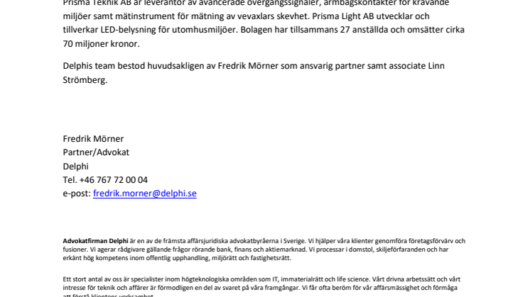 Delphi rådgivare åt Addtech Nordic AB vid förvärv av Prisma Teknik AB och Prisma Light AB