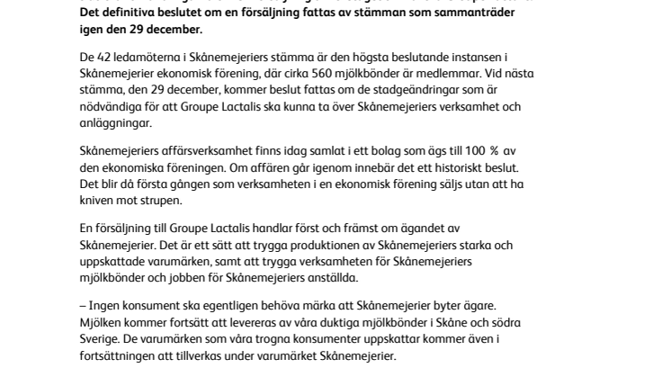 Skånemejeriers stämma gav klartecken till fortsatta förhandlingar med Lactalis