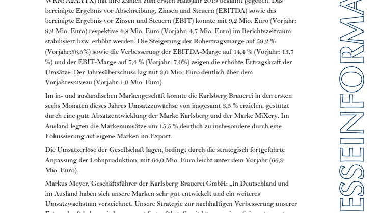 Karlsberg Brauerei mit deutlicher Ergebnisverbesserung im ersten Halbjahr 2019