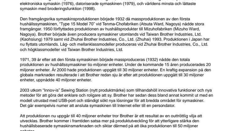 Brother International Sweden AB: Produktion av symaskiner når nya toppnivåer – Brother passerar 40 miljonersgränsen