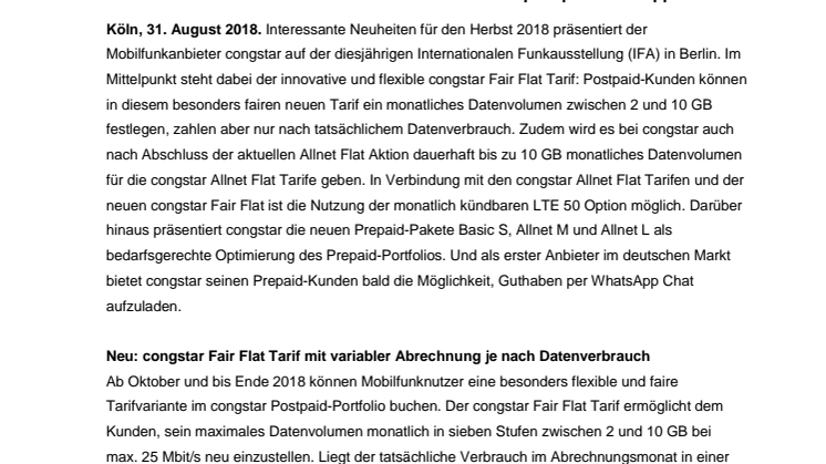 congstar auf der IFA: neue flexible congstar Fair Flat und Datenoffensive