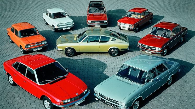 1971 portefølje af Audi og NSU, der repræsenterer Vorsprung durch Technik