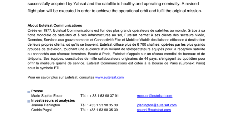 ​Eutelsat statement on Yahsat’Al Yah 3 satellite