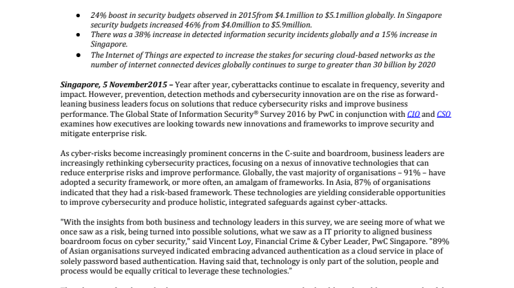  Business Leaders Gaining on Cybersecurity Risks, According to the PwC, CIO and CSO Global State of Information Security® Survey 2016