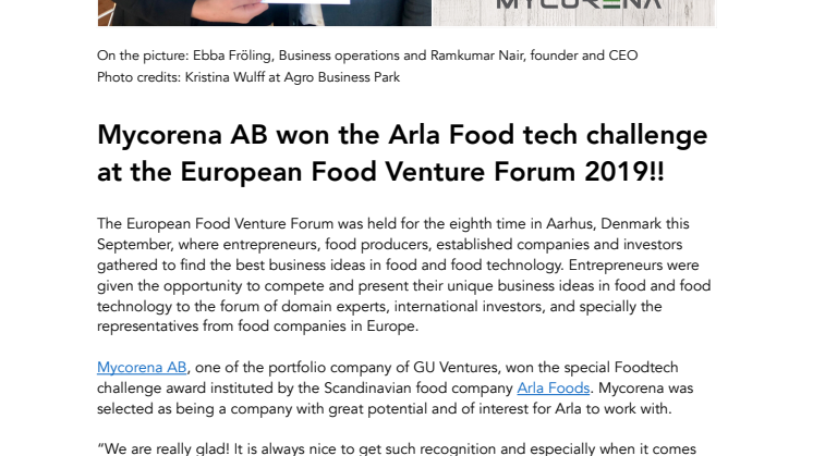 Mycorena AB won the Arla Food tech challenge at the European Food Venture Forum 2019!!