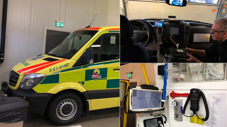 På bilden ser ni Bengt som arbetar med installationen i en av de 18 ambulanserna. 
