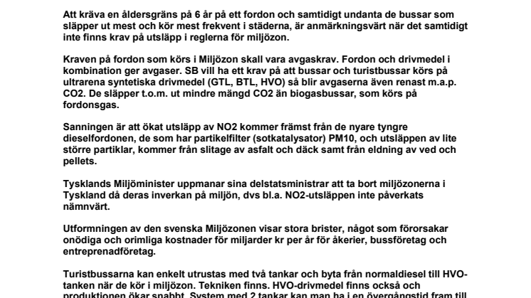 Sveriges Bussresearrangörer kräver ändring av miljözonregler 