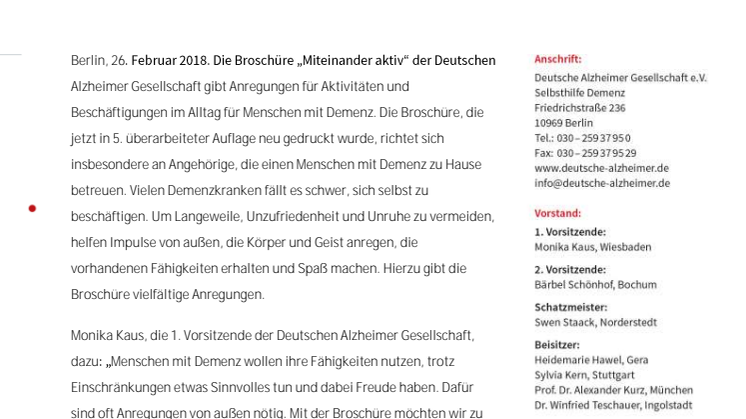 Miteinander aktiv – Broschüre der Deutschen Alzheimer Gesellschaft gibt Anregungen für den Alltag mit Menschen mit Demenz