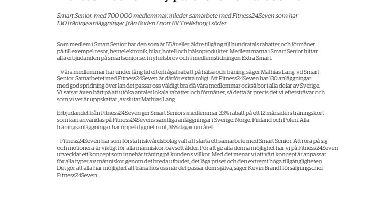 Smart Senior inleder samarbete med Fitness24Seven