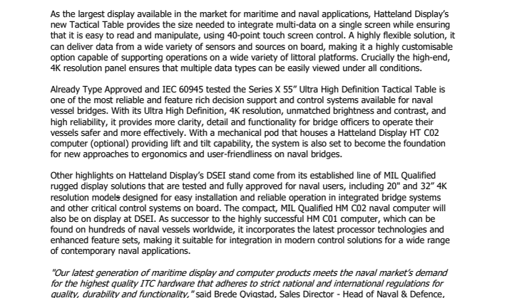 Hatteland Display: Sophisticated Tactical and Operational Technology for Naval Vessels on Display at DSEI 2017 
