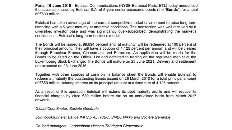 Eutelsat S.A. successful 5-year bond issuance  