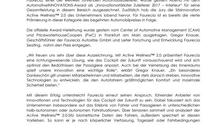 Faurecia als innovativster Zulieferer "Interieur" mit Automotive Innovations Award ausgezeichnet