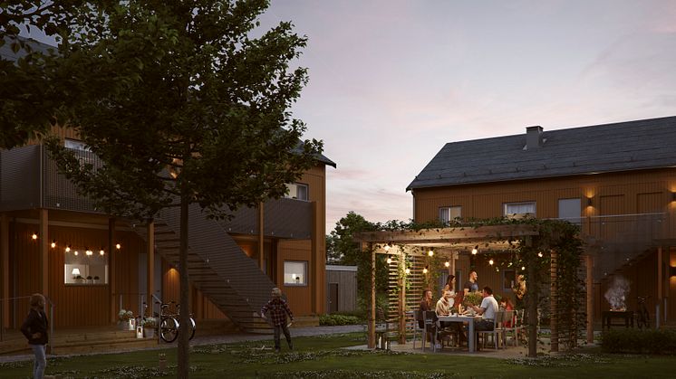 3D-illustration Ambra Enköping Innergård skymning