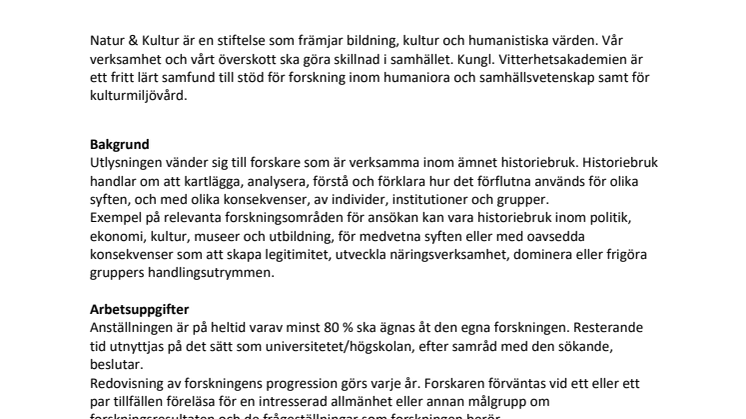 Utlysning akademiforskartjänst historiebruk