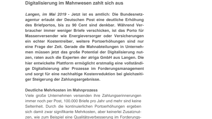 Mehrkosten durch Portoerhöhung trifft Massenversender: Digitalisierung im Mahnwesen zahlt sich aus