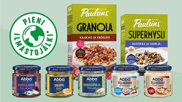 Abban sillipurkkeihin ja Paulúnsin myslipakkauksiin lisätään Orklan Pieni ilmastojälki -merkki.