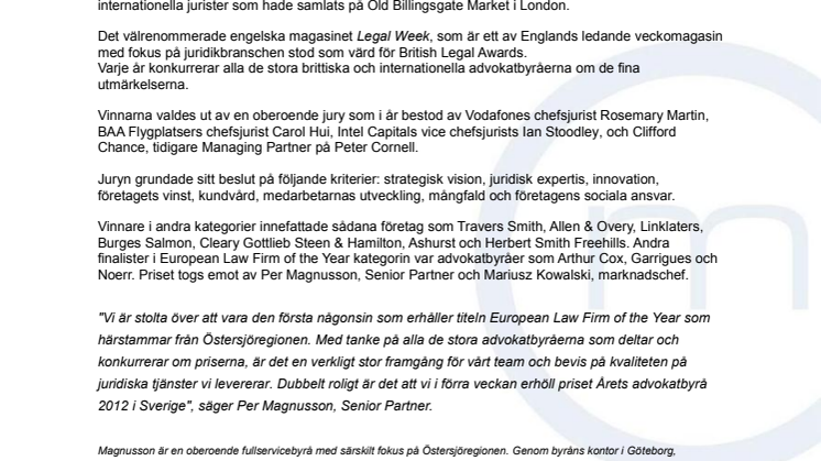 Magnusson tog hem priset European Law Firm of the Year 2012 vid British Legal Awards  