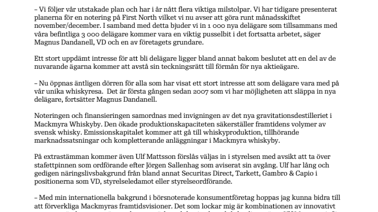 Mackmyra Svensk Whisky AB till First North