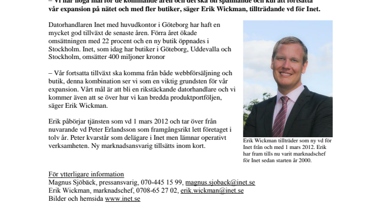 Inet tillsätter internt med mål att fortsätta växa – Erik Wickman ny vd för Inet    