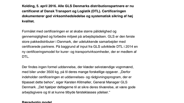 DTL-certificering til alle GLS' distributionspartnere