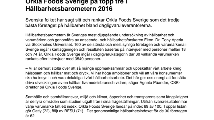 Orkla Foods Sverige på topp tre i Hållbarhetsbarometern 2016