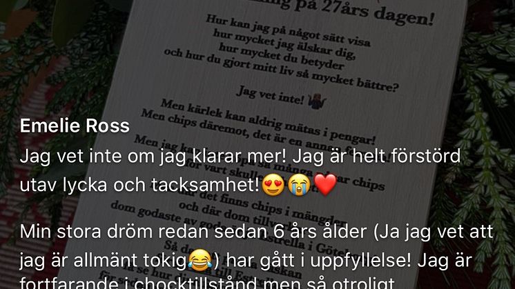 Emelie skriver om överraskningen på Facebook.