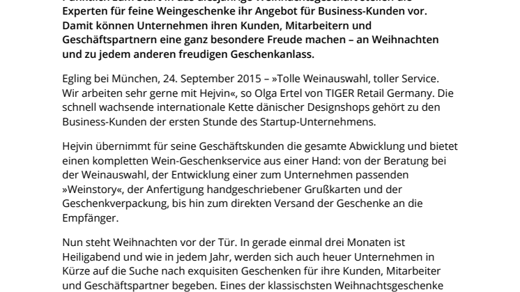 Hejvin mit neuem Wein-Geschenkservice für Unternehmen und Geschäftskunden