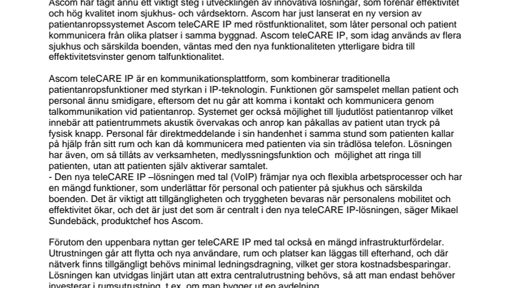 Ascom förbättrar patientvården med patientanrop via IP-telefoni (VoiP)