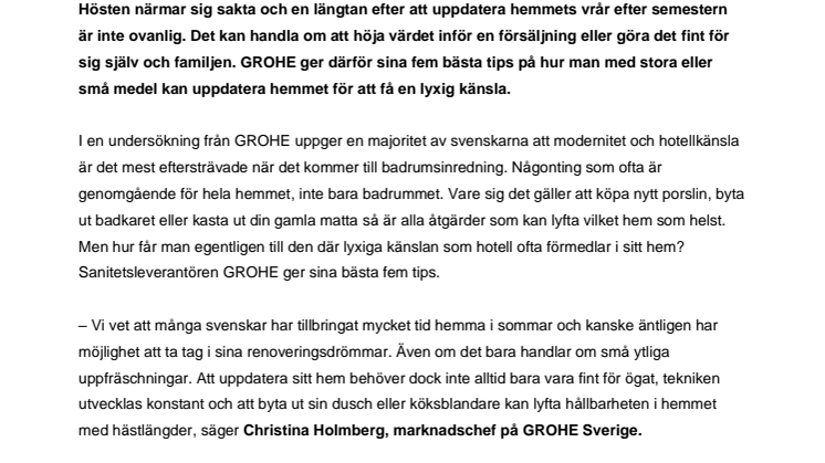 GROHE tipsar: 5 enkla knep för att uppnå lyxkänsla i hemmet
