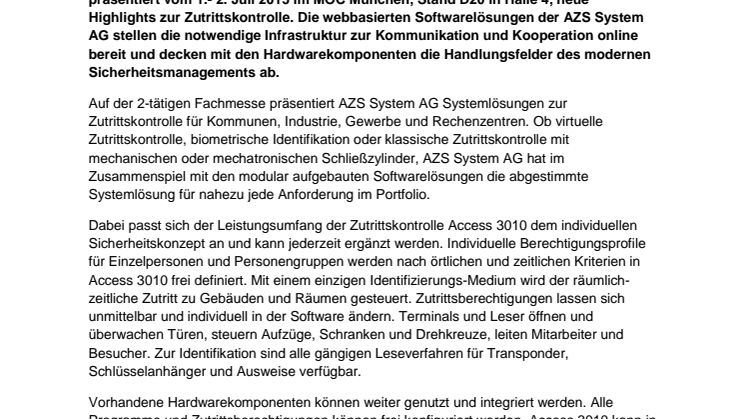 SicherheitsExpo 2015: AZS System AG präsentiert „Sicherheit mit System“ in München